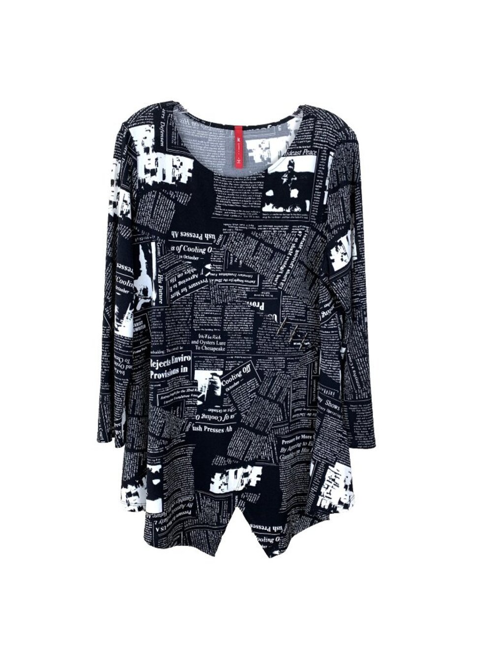 IC By Connie K Womens L Tunic Newspaper Print Boho Artsy Stretch Black White